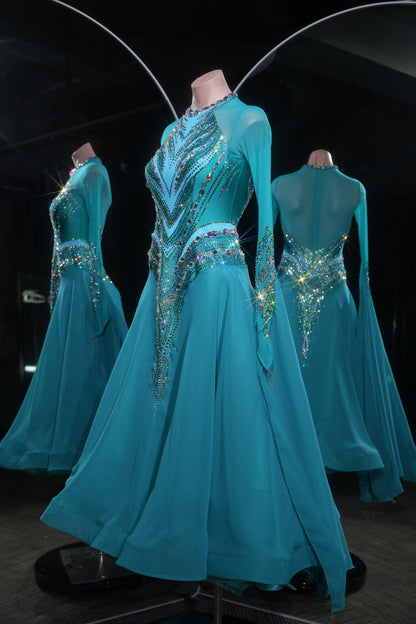 MINEJAS.L528 Teal Blue Ballroom Dance Dress with V-Shaped Rhinestone Embellishments | High-Neck Standard Gown - Mine·Jas
