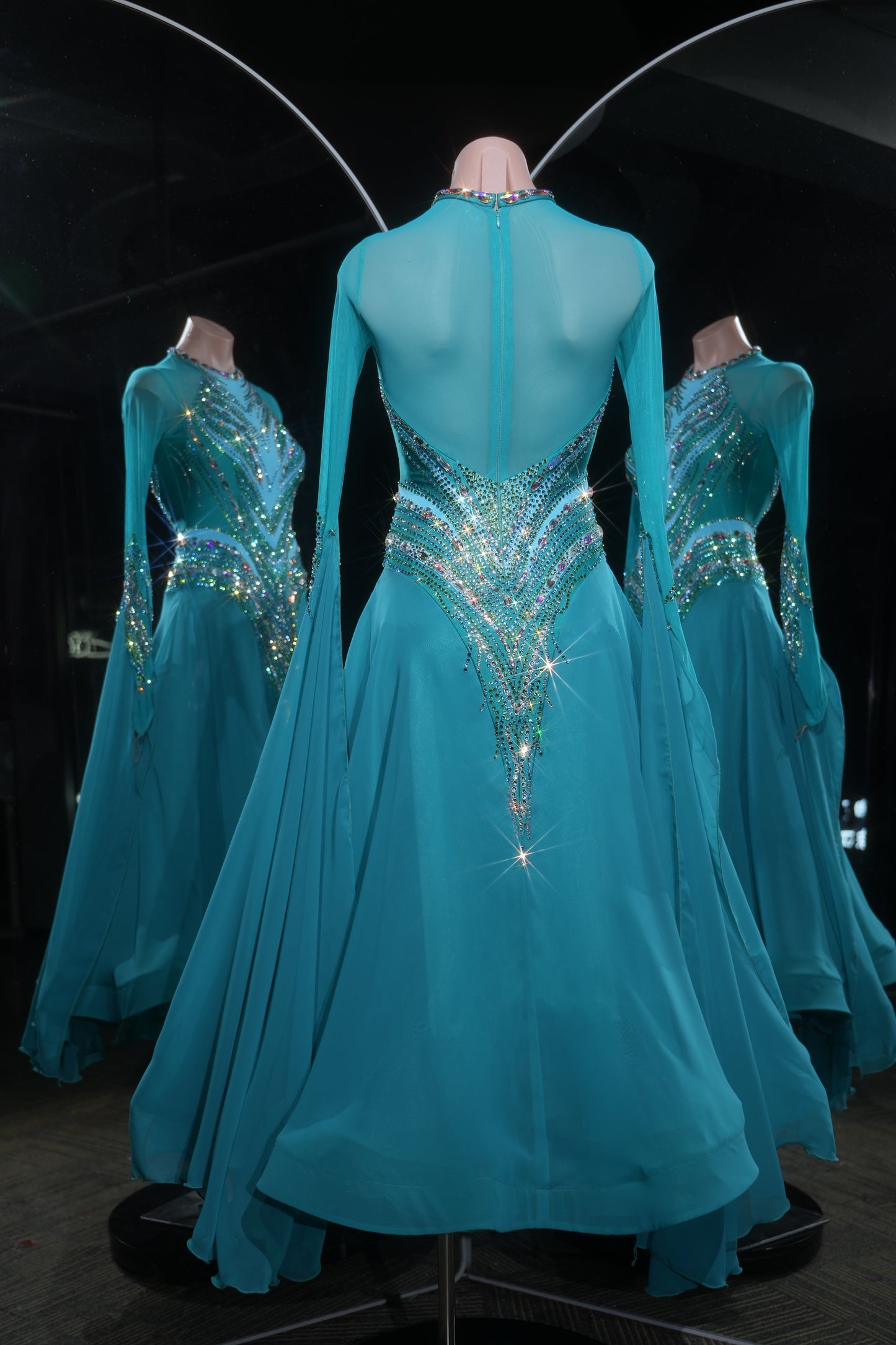 MINEJAS.L528 Teal Blue Ballroom Dance Dress with V-Shaped Rhinestone Embellishments | High-Neck Standard Gown - Mine·Jas