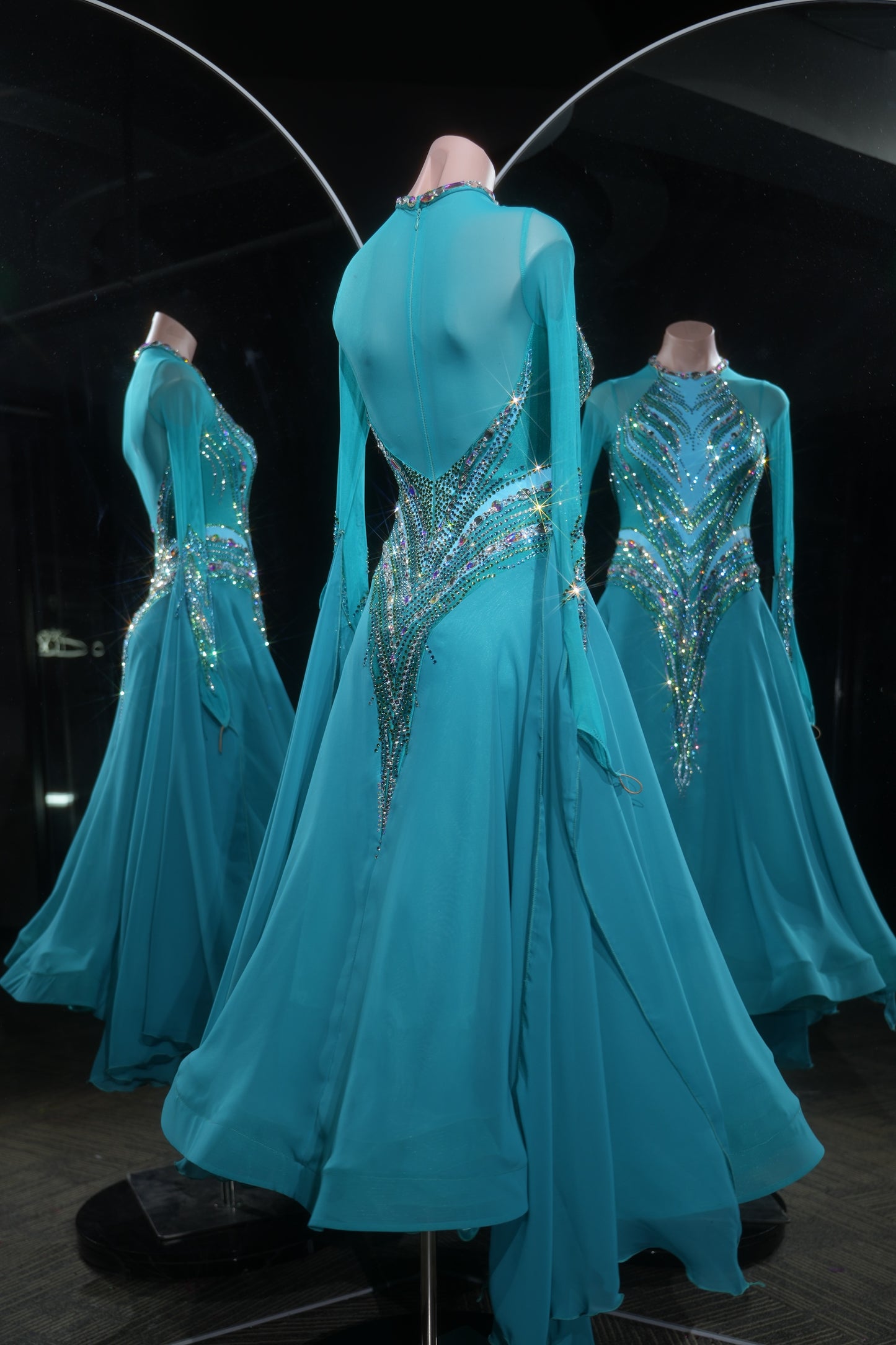 MINEJAS.L528 Teal Blue Ballroom Dance Dress with V-Shaped Rhinestone Embellishments | High-Neck Standard Gown - Mine·Jas