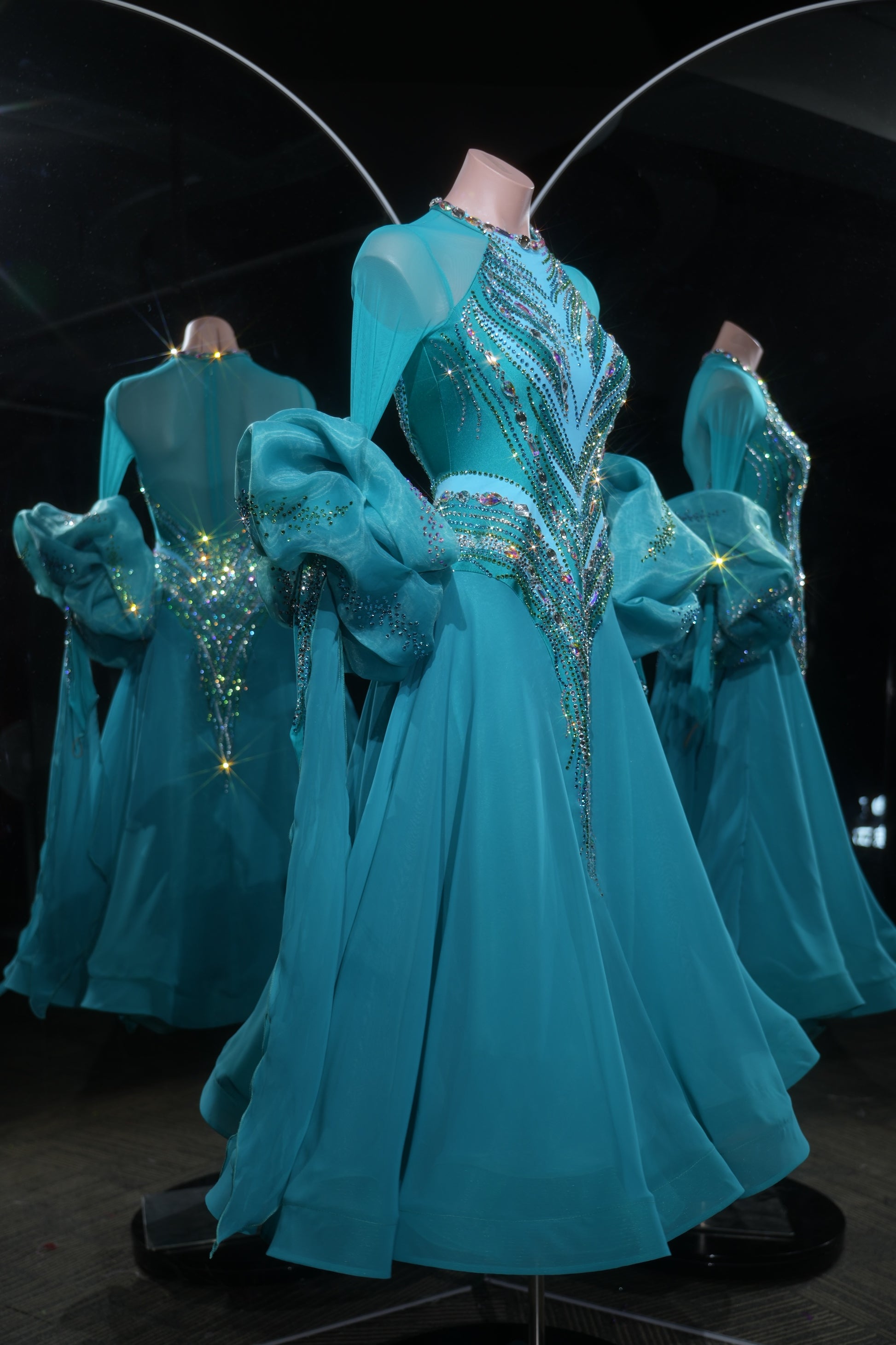 Teal Blue Ballroom Dance Dress with V-Shaped Rhinestone Embellishments