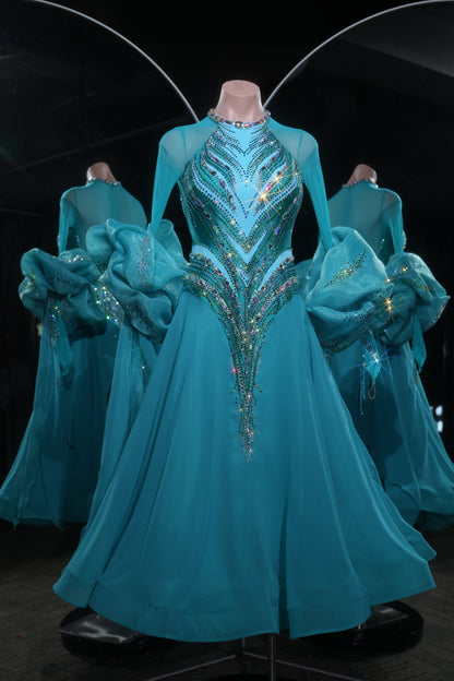 MINEJAS.L528 Teal Blue Ballroom Dance Dress with V-Shaped Rhinestone Embellishments | High-Neck Standard Gown - Mine·Jas