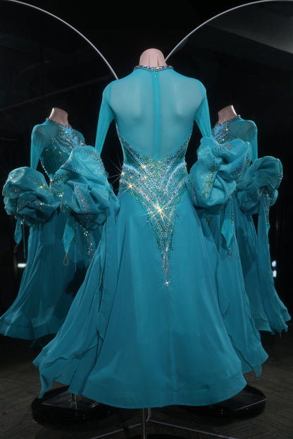 MINEJAS.L528 Teal Blue Ballroom Dance Dress with V-Shaped Rhinestone Embellishments | High-Neck Standard Gown - Mine·Jas