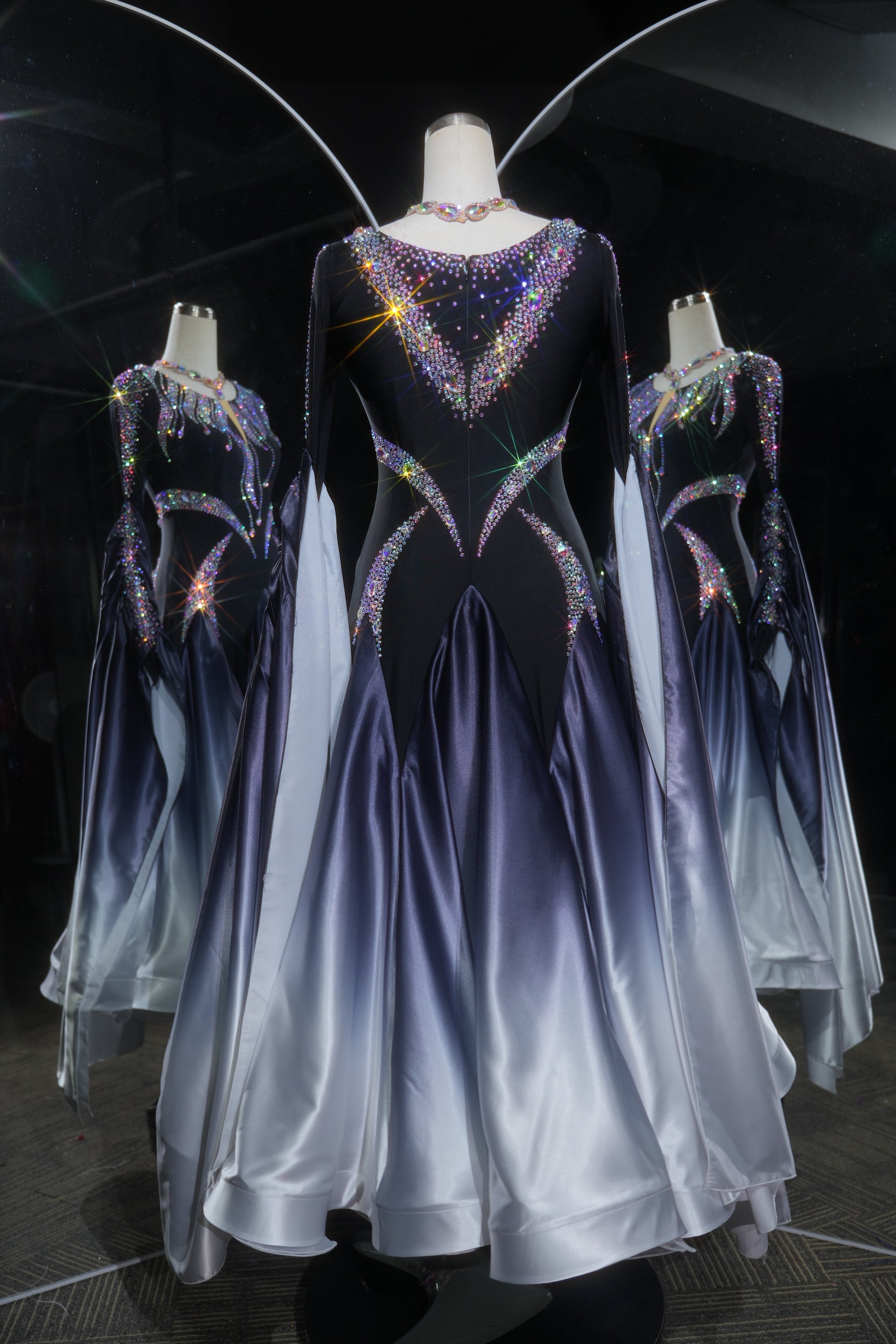 MINEJAS.L529 Black to White Gradient Ballroom Dance Dress with AB Rhinestones | Long Sleeve Standard Competition Gown - Mine·Jas