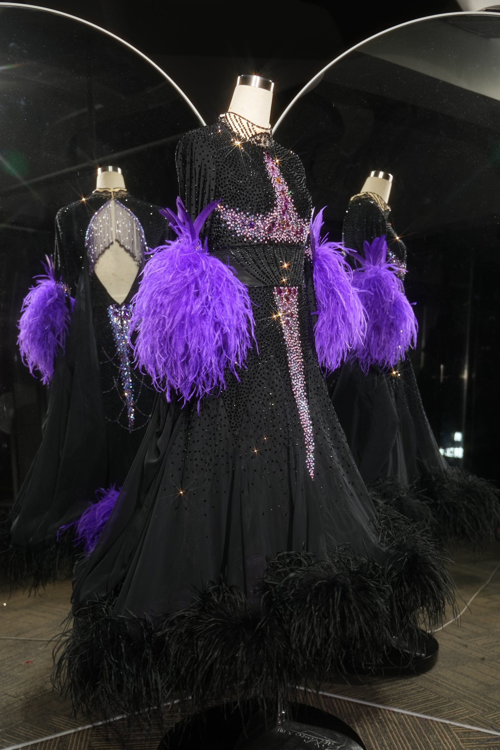 MINEJAS.L530 Black Ballroom Dance Dress with Purple Feather Cuffs & Rhinestone Bodice | Long Sleeve Standard Gown - Mine·Jas
