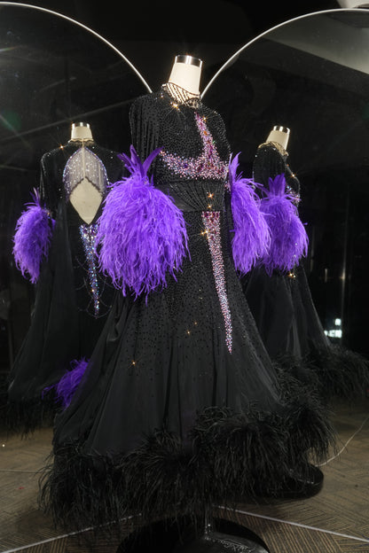 MINEJAS.L530 Black Ballroom Dance Dress with Purple Feather Cuffs & Rhinestone Bodice | Long Sleeve Standard Gown - Mine·Jas