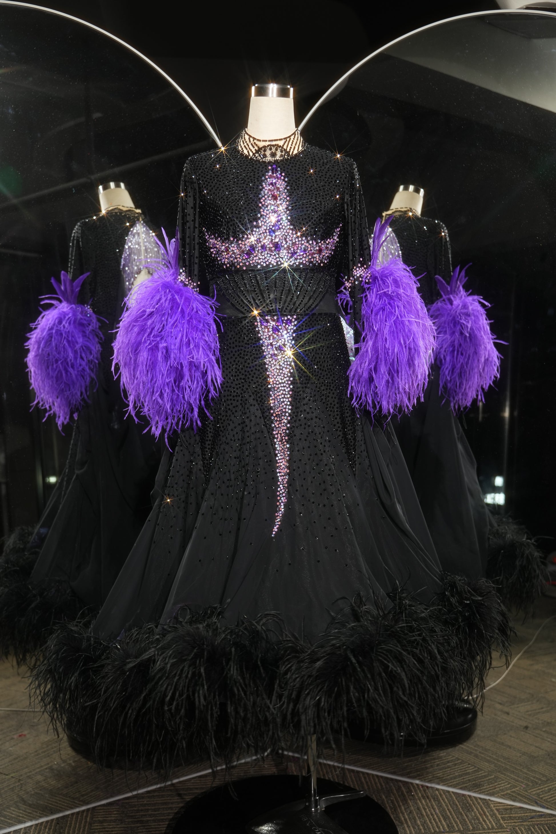 MINEJAS.L530 Black Ballroom Dance Dress with Purple Feather Cuffs & Rhinestone Bodice | Long Sleeve Standard Gown - Mine·Jas