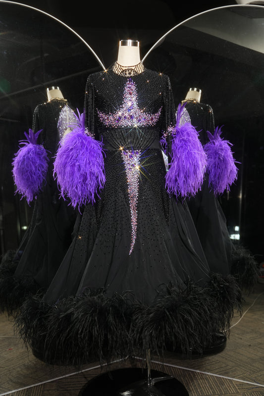 MINEJAS.L530 Black Ballroom Dance Dress with Purple Feather Cuffs & Rhinestone Bodice | Long Sleeve Standard Gown - Mine·Jas