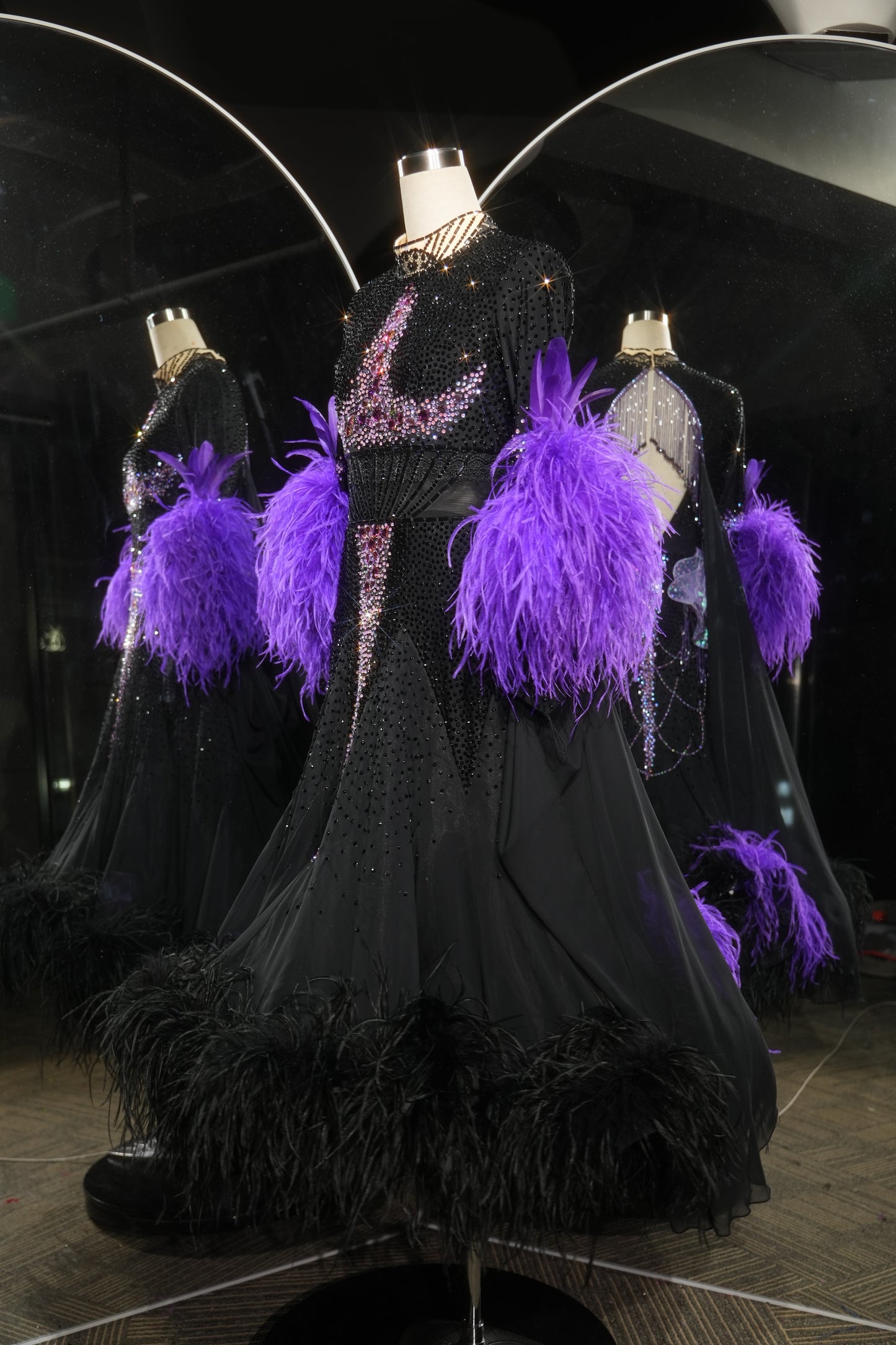 MINEJAS.L530 Black Ballroom Dance Dress with Purple Feather Cuffs & Rhinestone Bodice | Long Sleeve Standard Gown - Mine·Jas