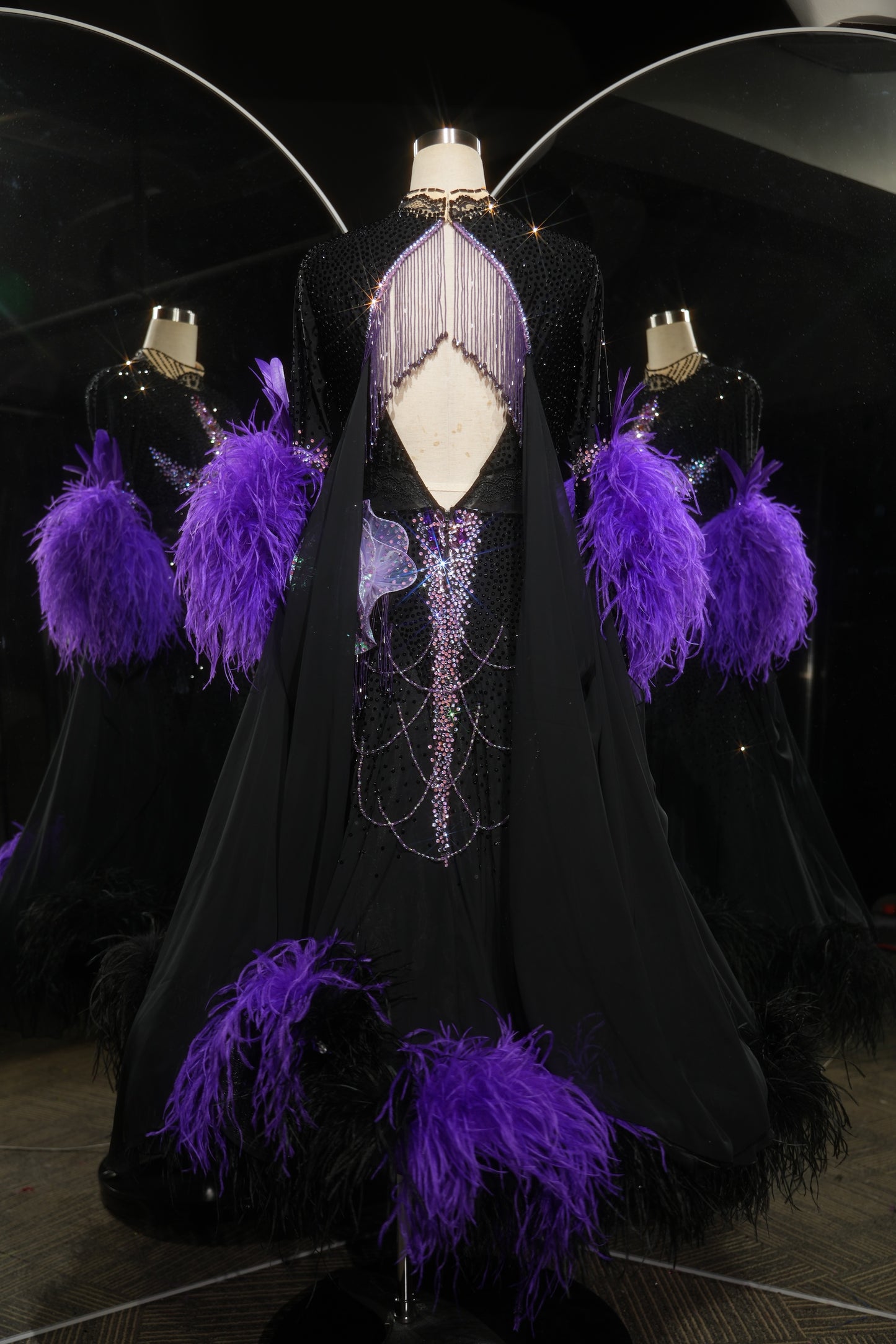 MINEJAS.L530 Black Ballroom Dance Dress with Purple Feather Cuffs & Rhinestone Bodice | Long Sleeve Standard Gown - Mine·Jas