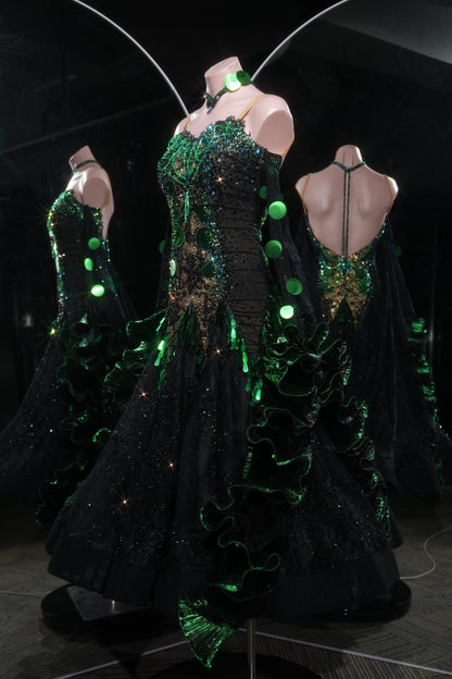 MINEJAS.L531 Black & Emerald Green Sequin Ballroom Dance Dress | Strapless Standard Competition Gown - Mine·Jas