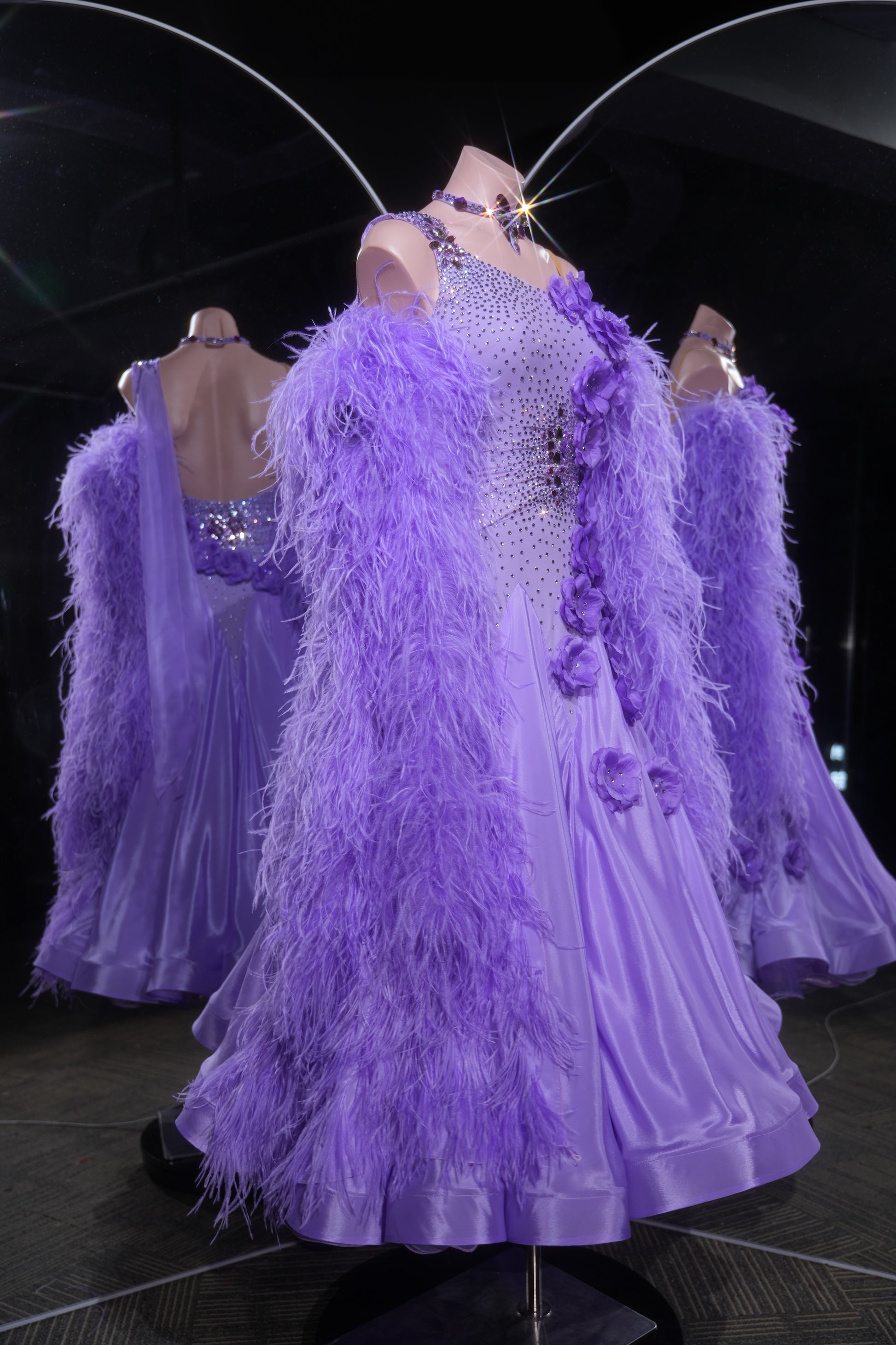 MINEJAS.L532 Lavender Purple Feather Ballroom Dance Dress with 3D Floral Appliqués | One-Shoulder Standard Gown - Mine·Jas