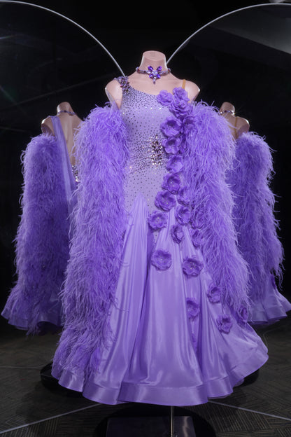 MINEJAS.L532 Lavender Purple Feather Ballroom Dance Dress with 3D Floral Appliqués | One-Shoulder Standard Gown - Mine·Jas