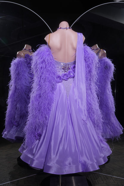 MINEJAS.L532 Lavender Purple Feather Ballroom Dance Dress with 3D Floral Appliqués | One-Shoulder Standard Gown - Mine·Jas