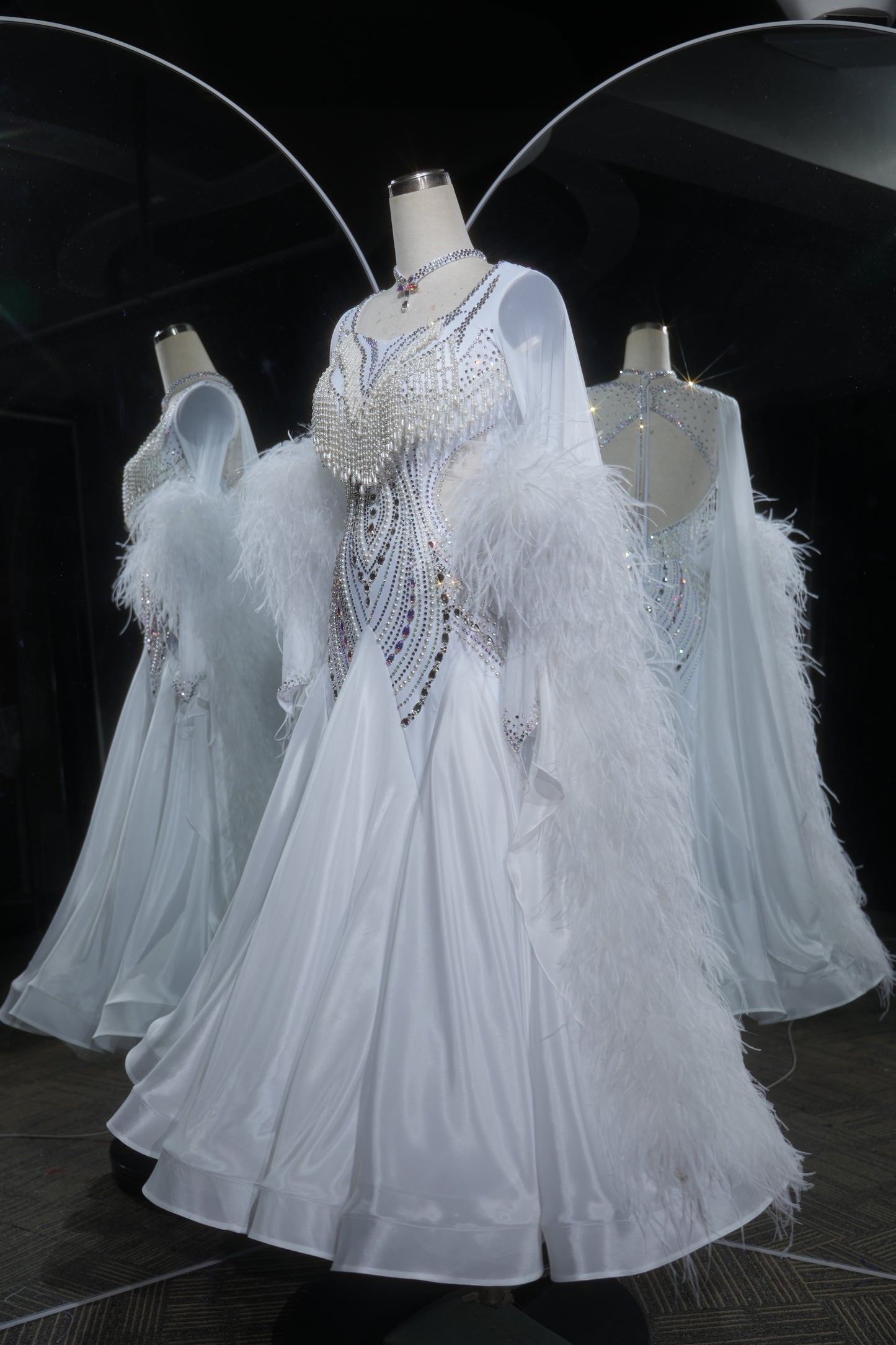 MINEJAS.L533 White Pearl & Feather Ballroom Dance Dress with Rhinestone Fringe | Sheer Cape Sleeve Standard Gown - Mine·Jas