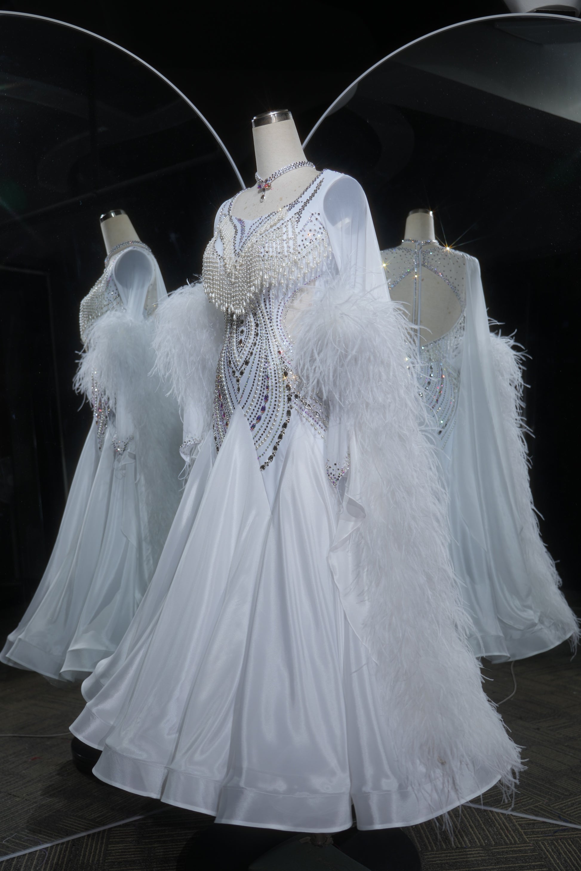 MINEJAS.L533 White Pearl & Feather Ballroom Dance Dress with Rhinestone Fringe | Sheer Cape Sleeve Standard Gown - Mine·Jas