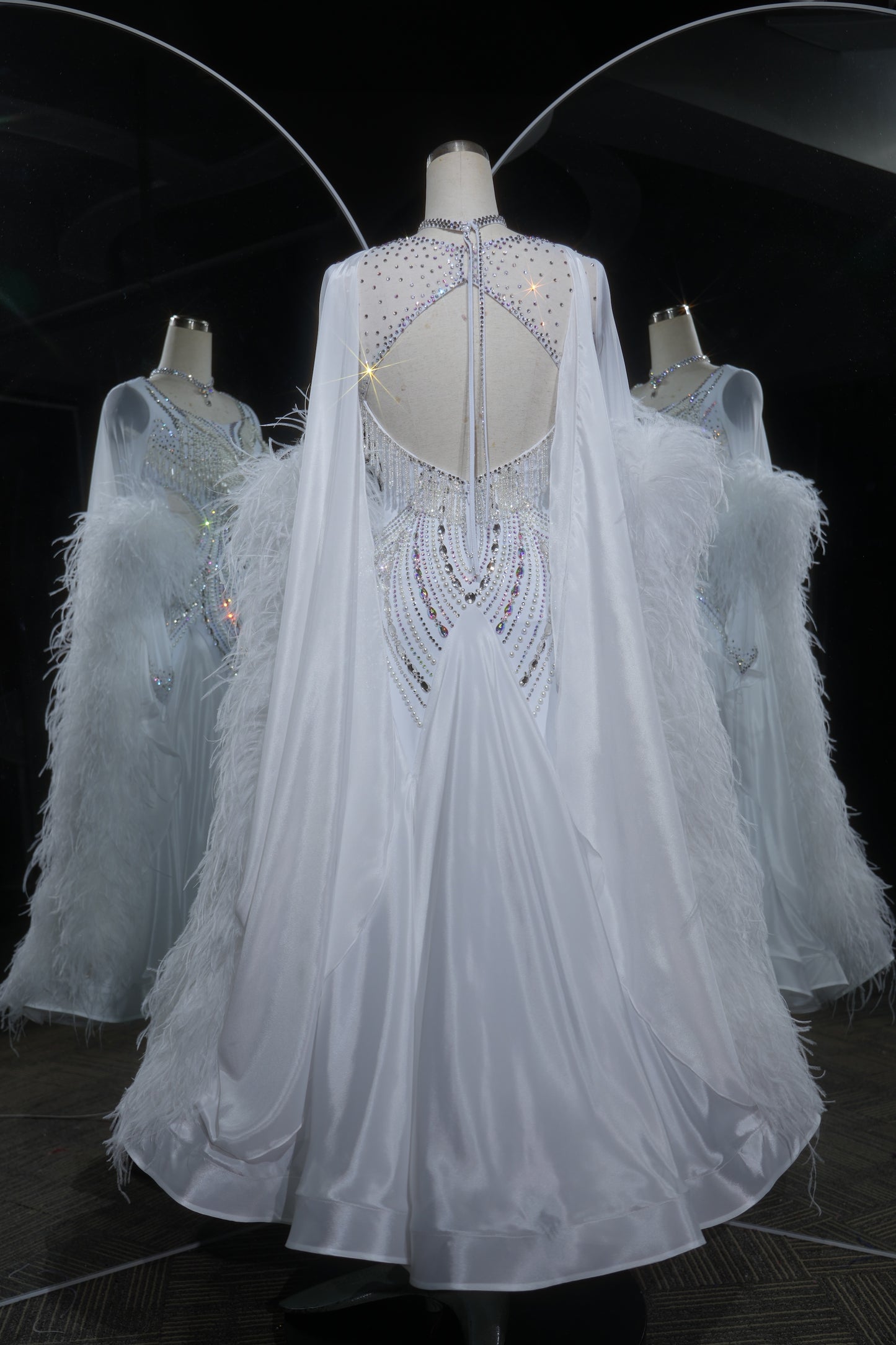 MINEJAS.L533 White Pearl & Feather Ballroom Dance Dress with Rhinestone Fringe | Sheer Cape Sleeve Standard Gown - Mine·Jas