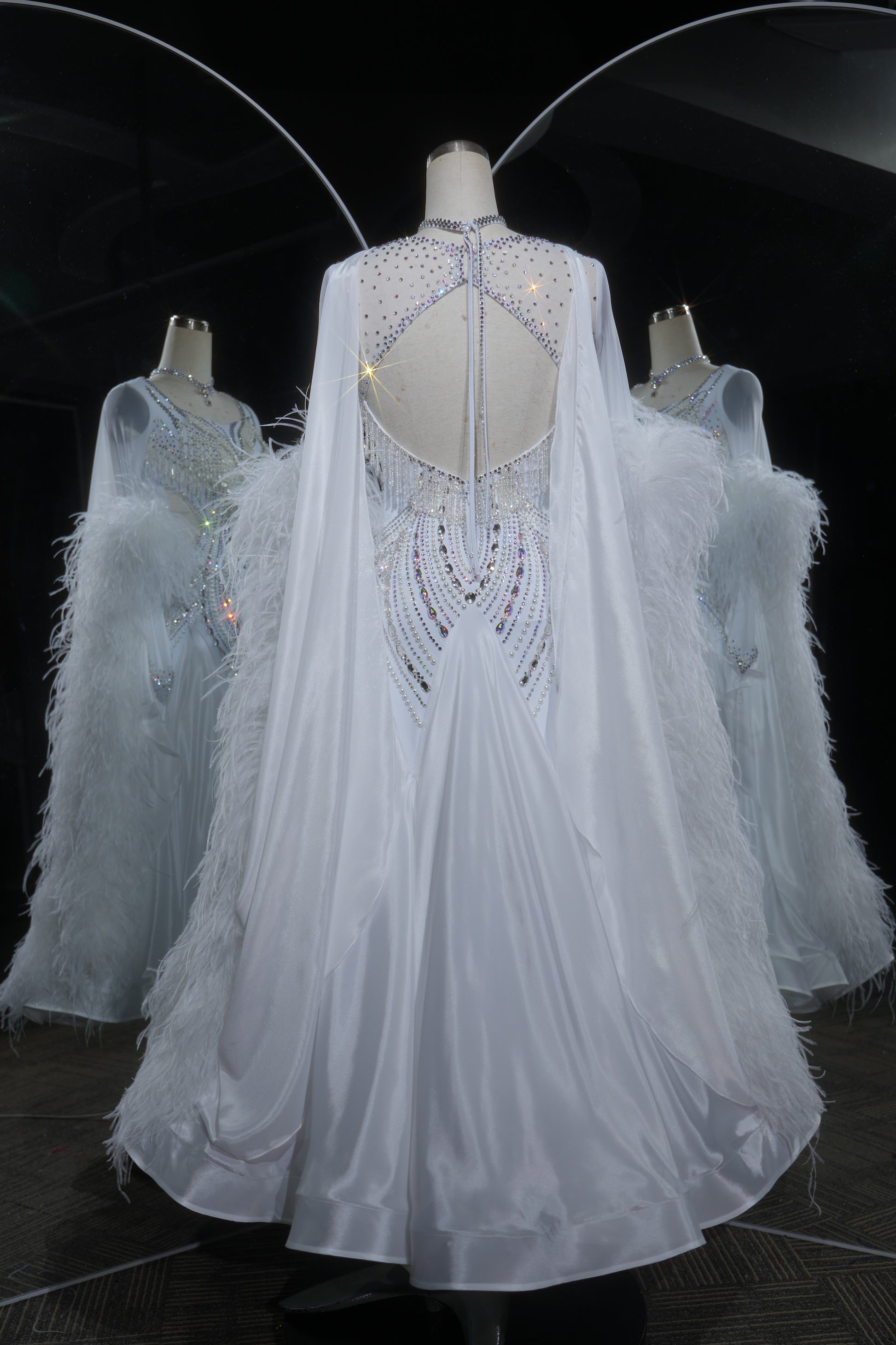 MINEJAS.L533 White Pearl & Feather Ballroom Dance Dress with Rhinestone Fringe | Sheer Cape Sleeve Standard Gown - Mine·Jas