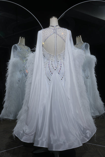 MINEJAS.L533 White Pearl & Feather Ballroom Dance Dress with Rhinestone Fringe | Sheer Cape Sleeve Standard Gown - Mine·Jas