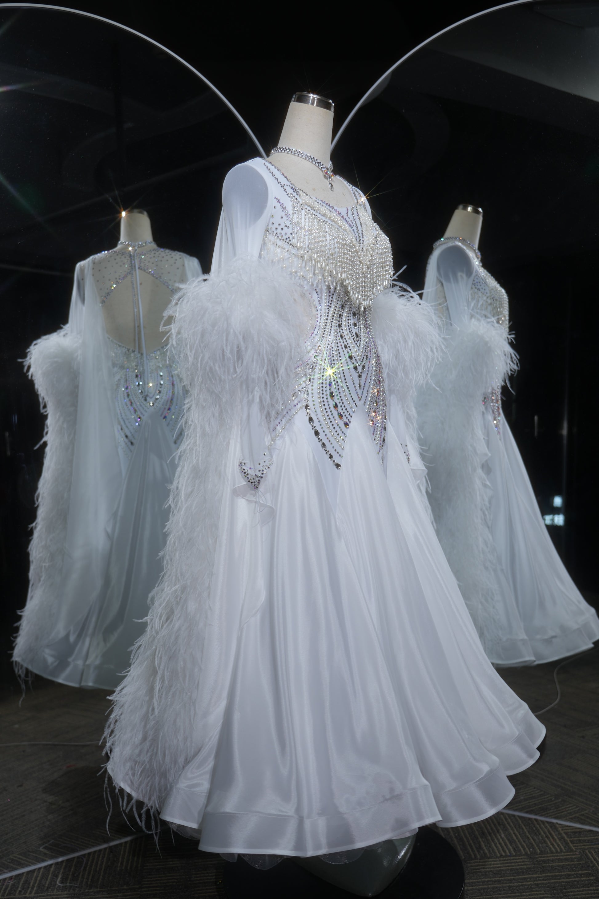 MINEJAS.L533 White Pearl & Feather Ballroom Dance Dress with Rhinestone Fringe | Sheer Cape Sleeve Standard Gown - Mine·Jas