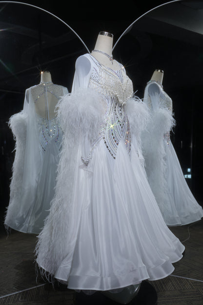 MINEJAS.L533 White Pearl & Feather Ballroom Dance Dress with Rhinestone Fringe | Sheer Cape Sleeve Standard Gown - Mine·Jas