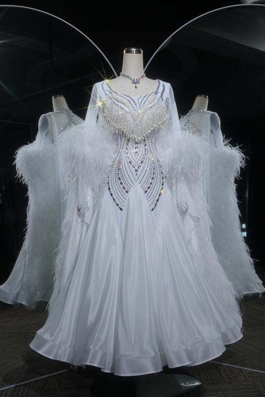 MINEJAS.L533 White Pearl & Feather Ballroom Dance Dress with Rhinestone Fringe | Sheer Cape Sleeve Standard Gown - Mine·Jas