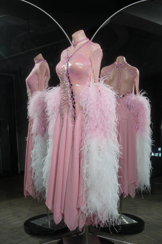 MINEJAS.L534 Blush Pink Gradient Feather Ballroom Dance Dress with Rhinestone Bodice | Open-Back Standard Gown - Mine·Jas