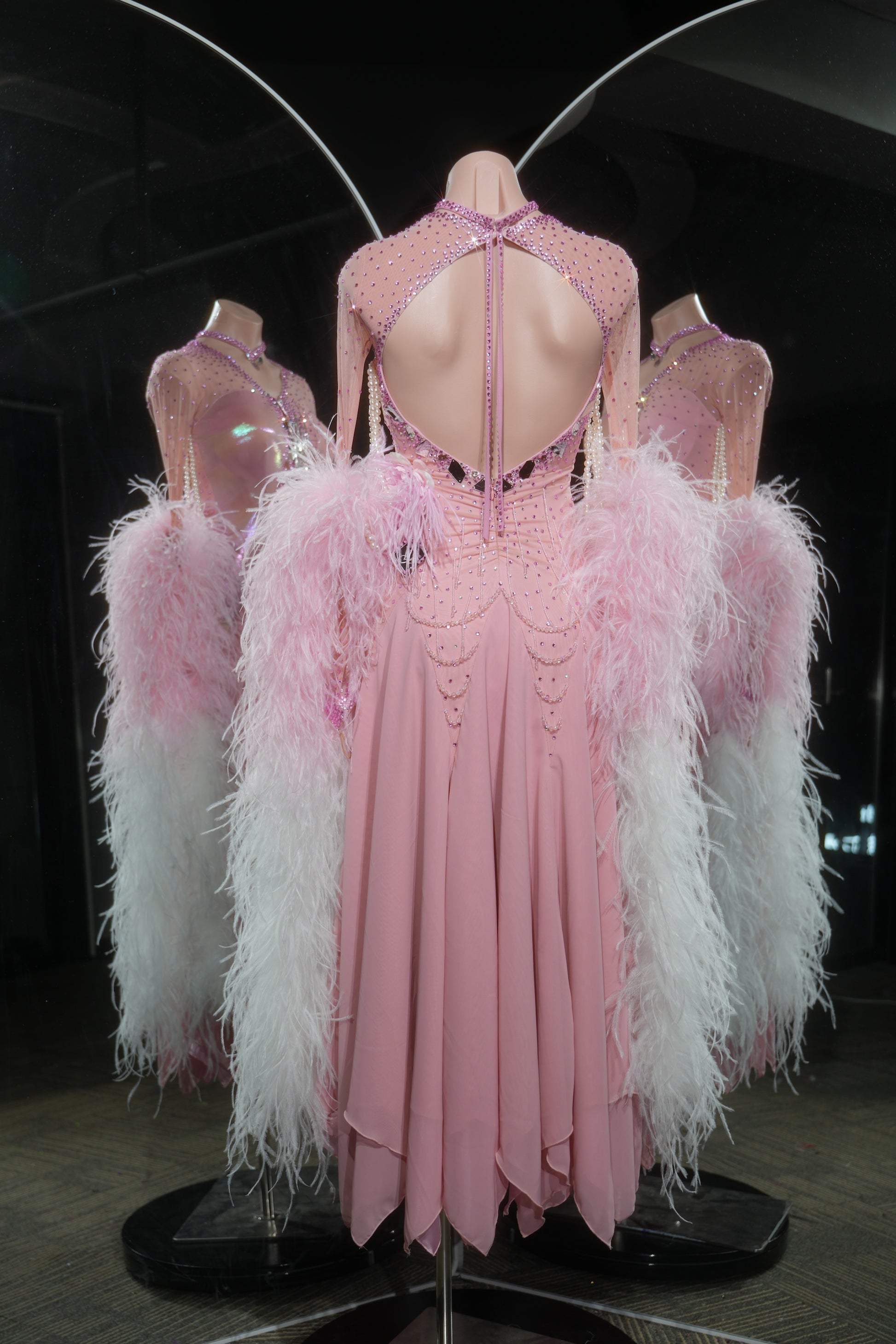 MINEJAS.L534 Blush Pink Gradient Feather Ballroom Dance Dress with Rhinestone Bodice | Open-Back Standard Gown - Mine·Jas