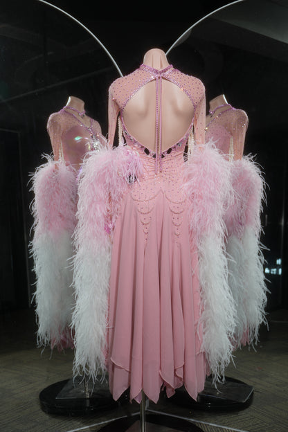 MINEJAS.L534 Blush Pink Gradient Feather Ballroom Dance Dress with Rhinestone Bodice | Open-Back Standard Gown - Mine·Jas