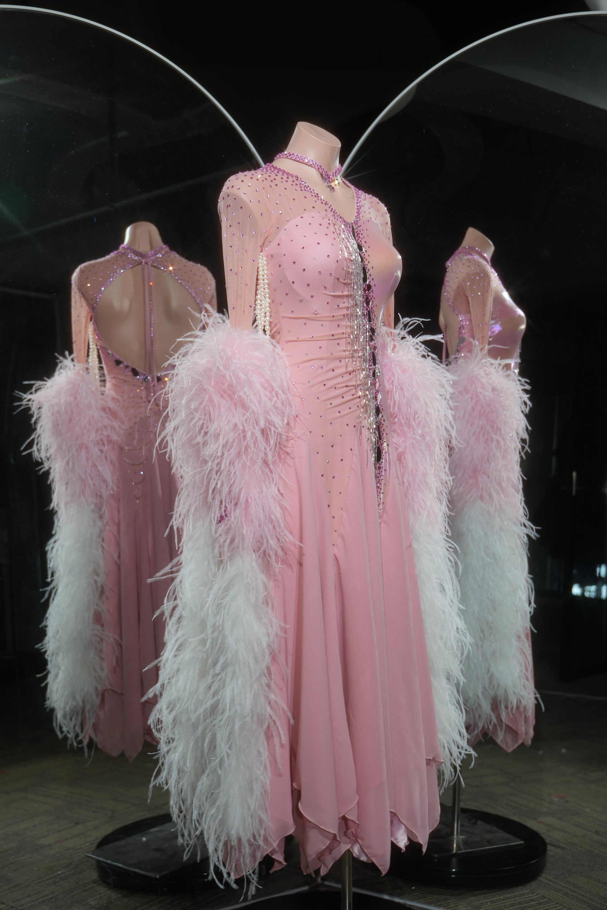 MINEJAS.L534 Blush Pink Gradient Feather Ballroom Dance Dress with Rhinestone Bodice | Open-Back Standard Gown - Mine·Jas