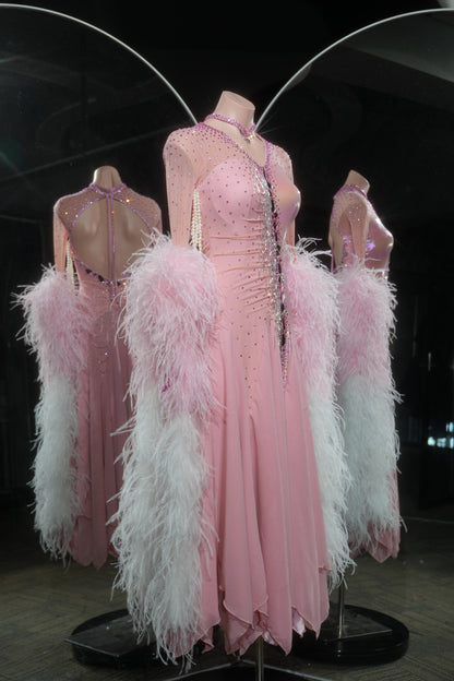 MINEJAS.L534 Blush Pink Gradient Feather Ballroom Dance Dress with Rhinestone Bodice | Open-Back Standard Gown - Mine·Jas