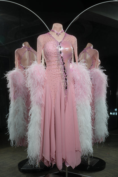 MINEJAS.L534 Blush Pink Gradient Feather Ballroom Dance Dress with Rhinestone Bodice | Open-Back Standard Gown - Mine·Jas