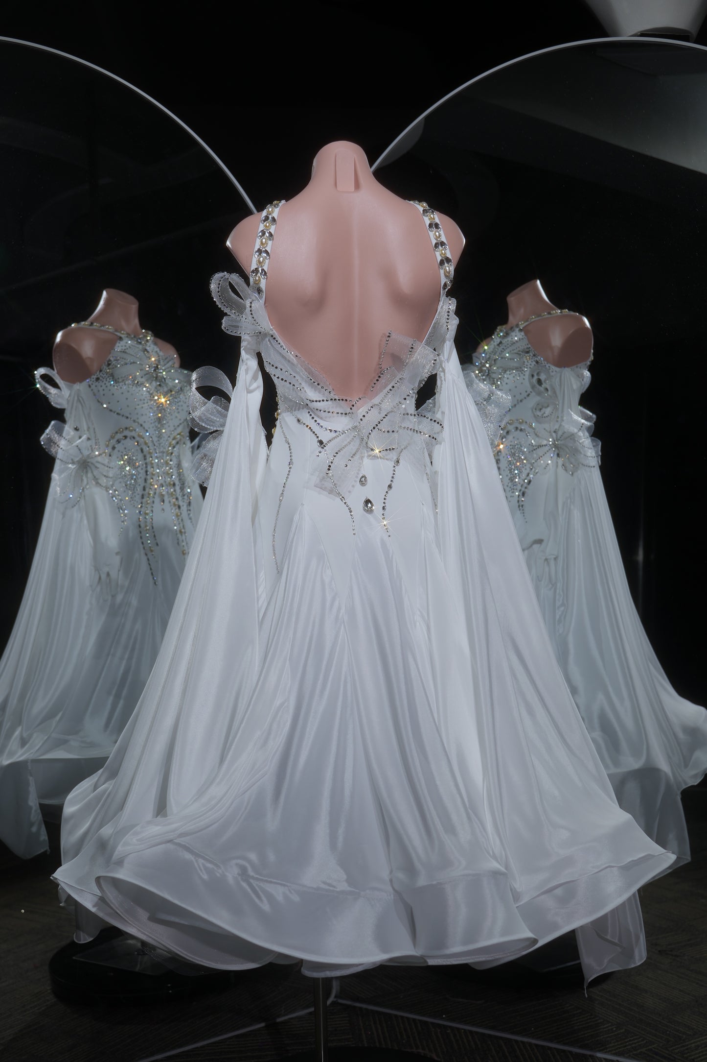 MINEJAS.L535 White Crystal Ballroom Dance Dress with Bow & Glove Accents | Halter Neck Standard Competition Gown - Mine·Jas