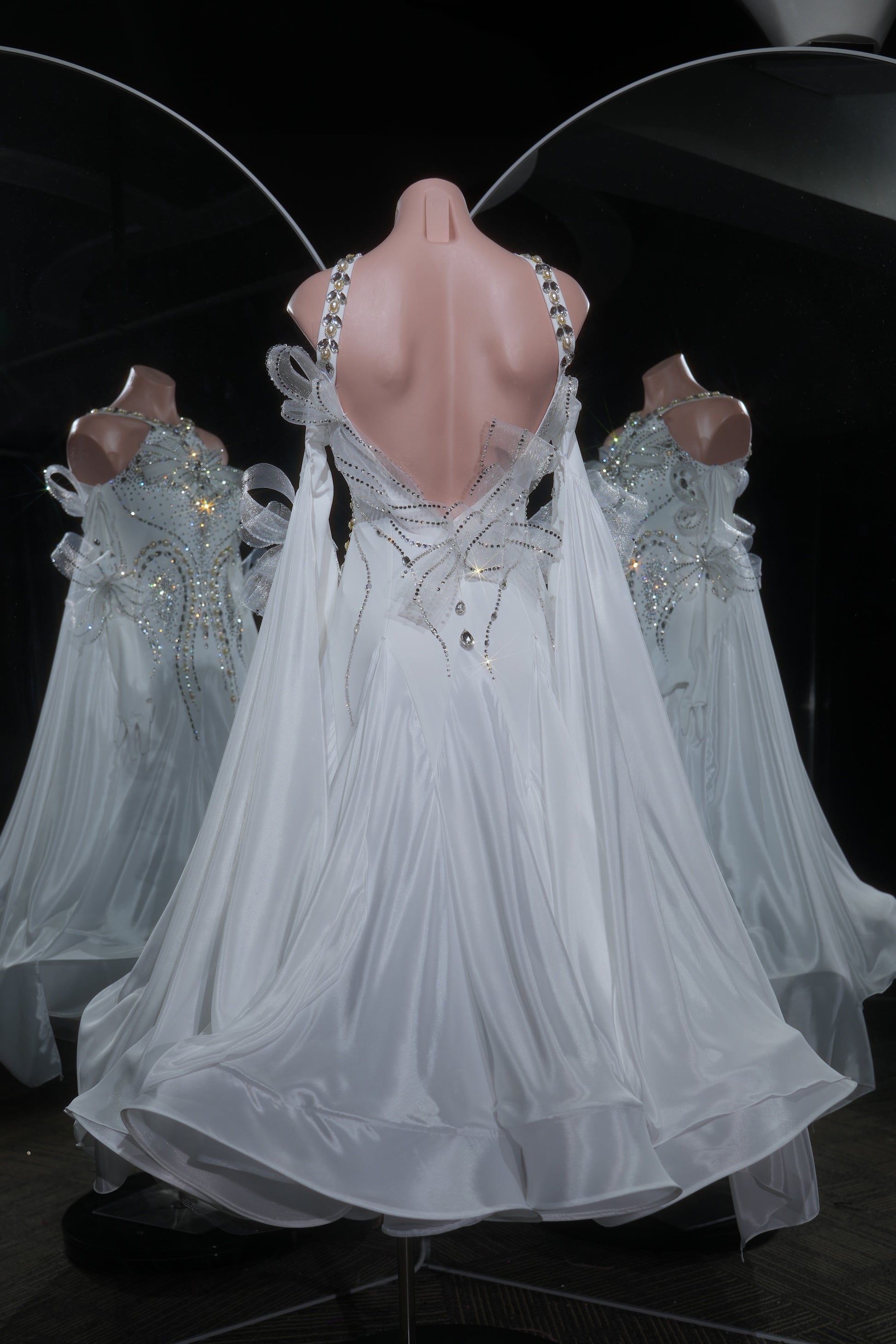 MINEJAS.L535 White Crystal Ballroom Dance Dress with Bow & Glove Accents | Halter Neck Standard Competition Gown - Mine·Jas