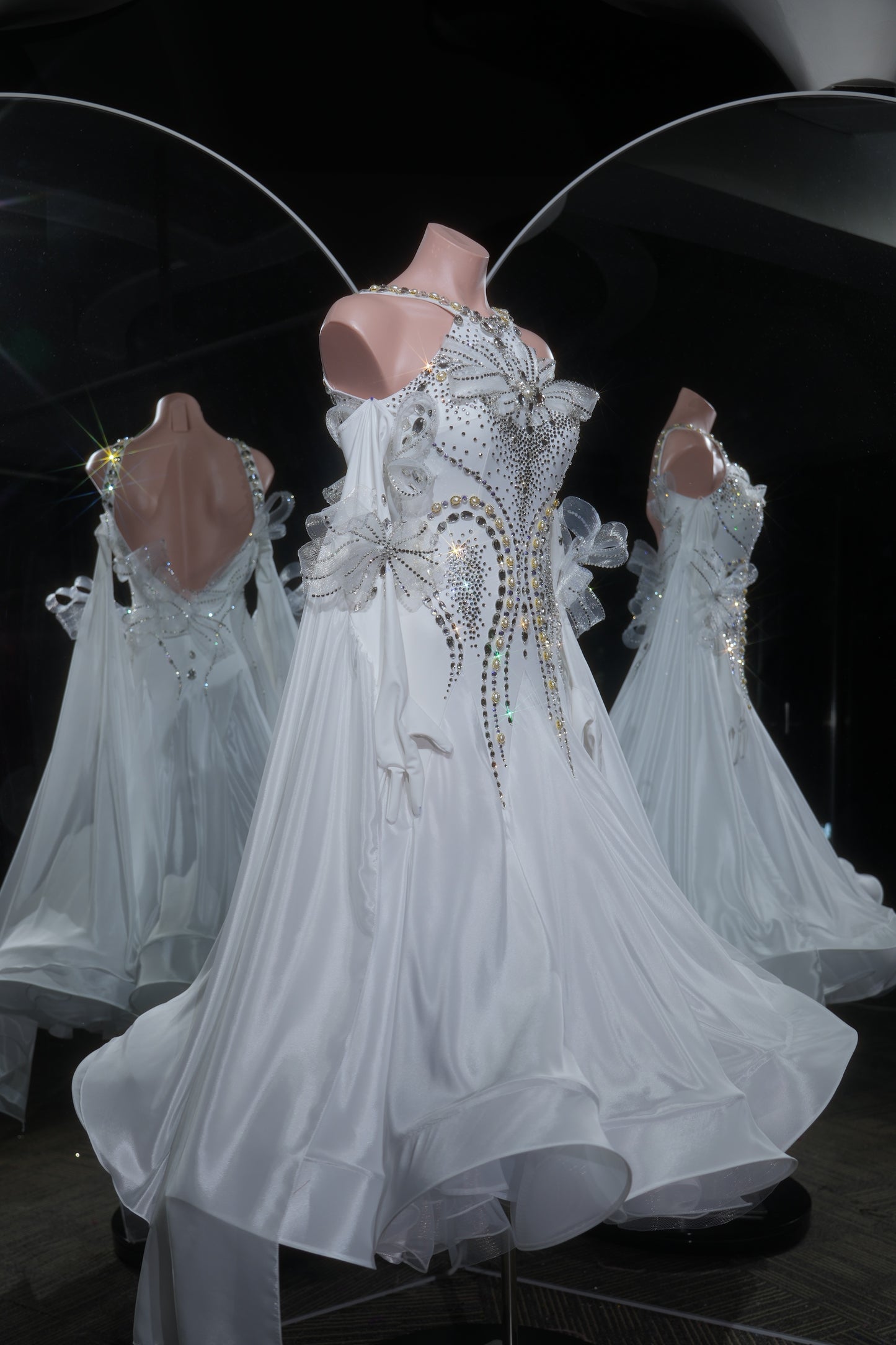 MINEJAS.L535 White Crystal Ballroom Dance Dress with Bow & Glove Accents | Halter Neck Standard Competition Gown - Mine·Jas