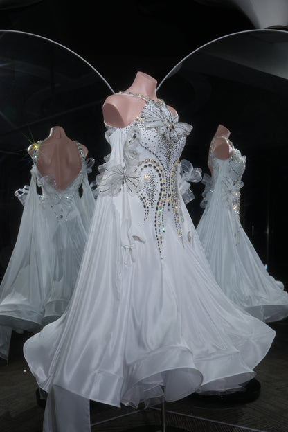 MINEJAS.L535 White Crystal Ballroom Dance Dress with Bow & Glove Accents | Halter Neck Standard Competition Gown - Mine·Jas