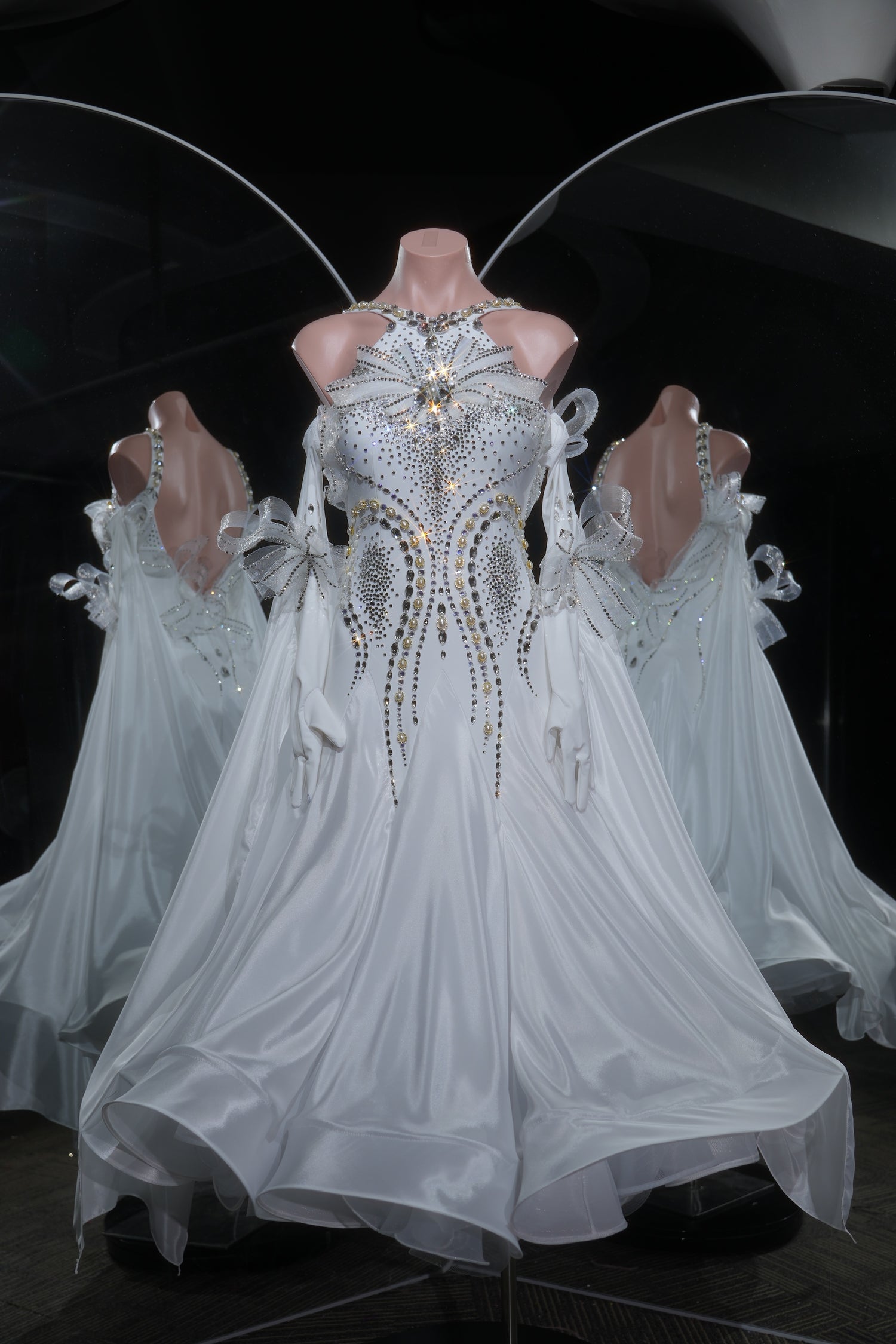 MINEJAS.L535 White Crystal Ballroom Dance Dress with Bow & Glove Accents | Halter Neck Standard Competition Gown - Mine·Jas