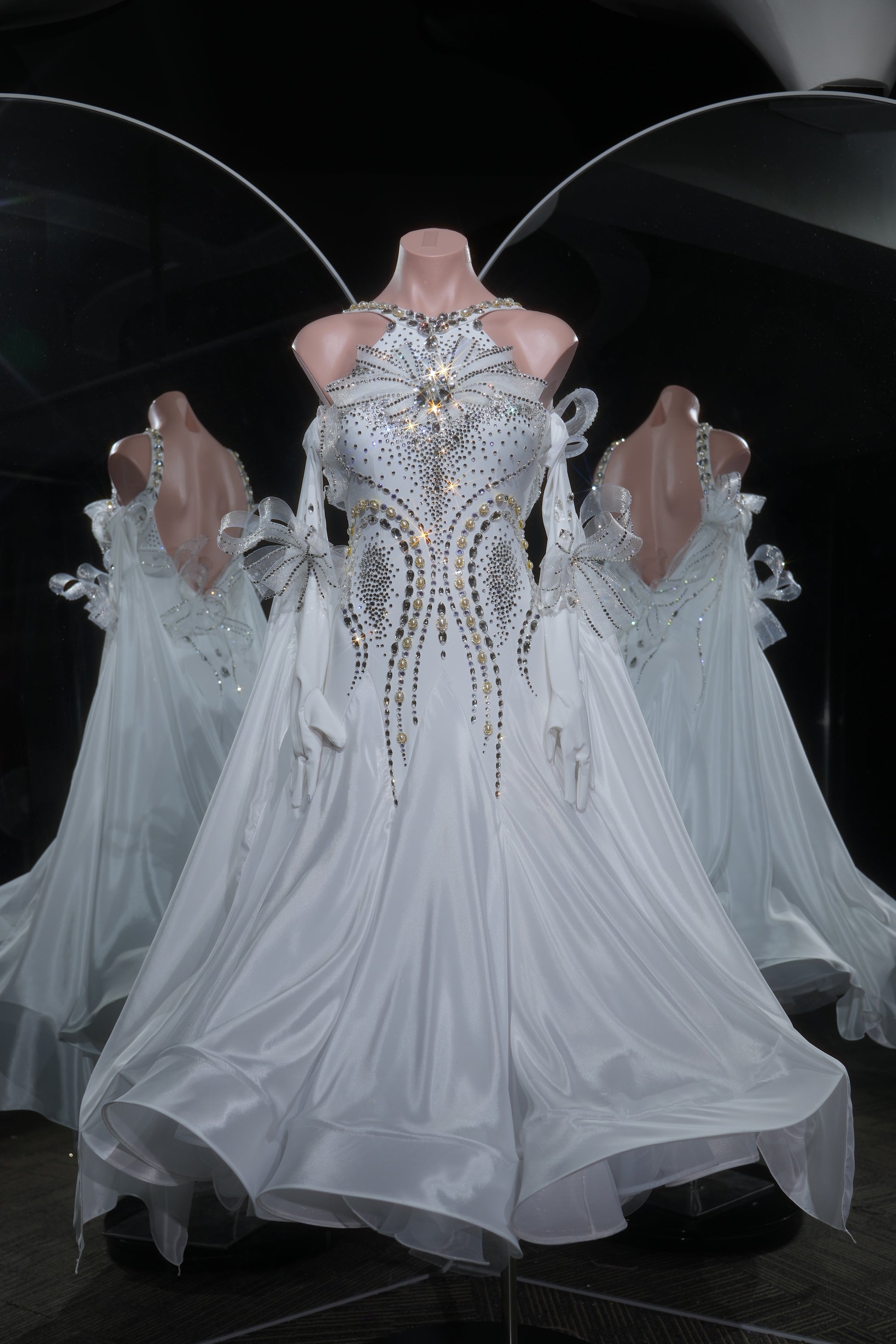 MINEJAS.L535 White Crystal Ballroom Dance Dress with Bow & Glove Accents | Halter Neck Standard Competition Gown - Mine·Jas