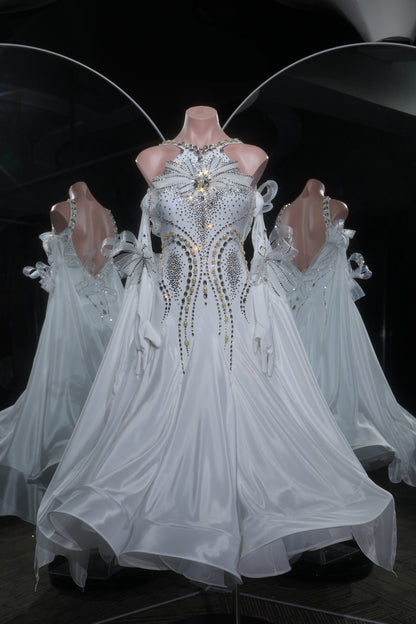 MINEJAS.L535 White Crystal Ballroom Dance Dress with Bow & Glove Accents | Halter Neck Standard Competition Gown - Mine·Jas