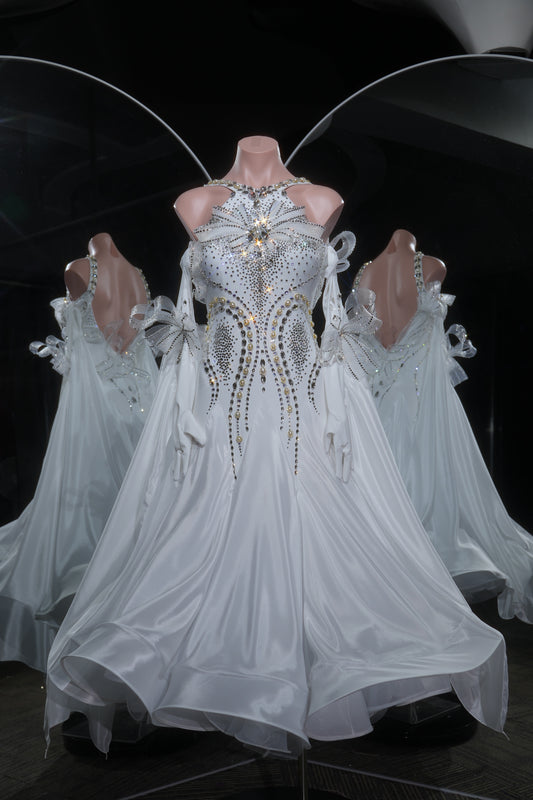MINEJAS.L535 White Crystal Ballroom Dance Dress with Bow & Glove Accents | Halter Neck Standard Competition Gown - Mine·Jas