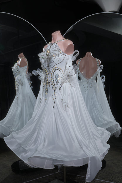 MINEJAS.L535 White Crystal Ballroom Dance Dress with Bow & Glove Accents | Halter Neck Standard Competition Gown - Mine·Jas