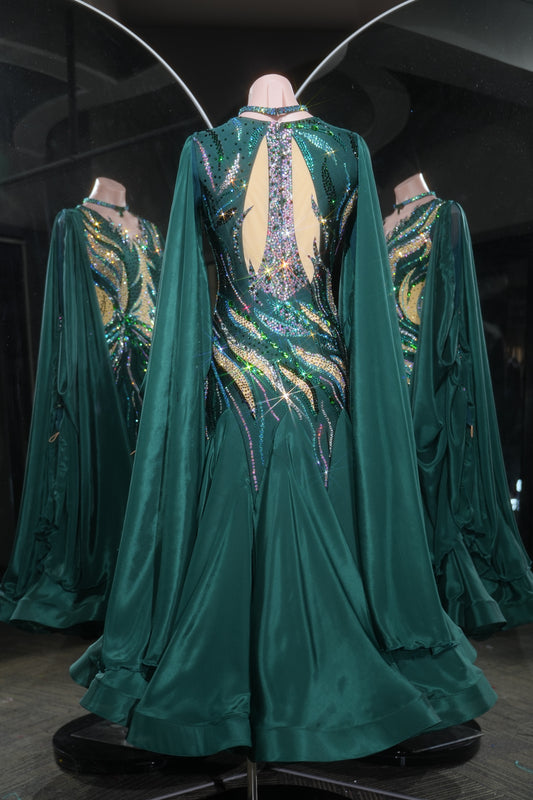 MINEJAS.L536 Deep Emerald Green Ballroom Dance Dress with Cape Sleeves & AB Rhinestones | V-Neck Standard Gown