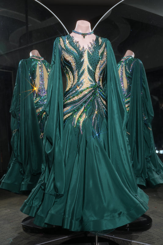 MINEJAS.L536 Deep Emerald Green Ballroom Dance Dress with Cape Sleeves & AB Rhinestones | V-Neck Standard Gown