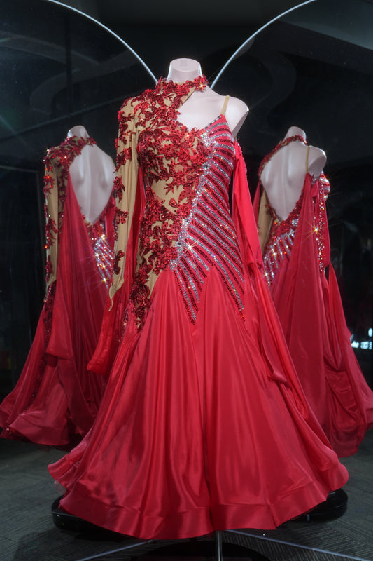 MINEJAS.L537 Vibrant Red Lace Ballroom Dance Dress with Floral Appliqués | Asymmetrical Sleeve Standard Gown