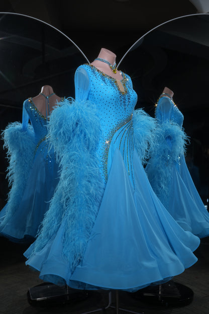 MINEJAS.L538 Abito da Ballo Liscio Azzurro Cielo con Strass Dorati | Abito Lungo Standard a Maniche Lunghe