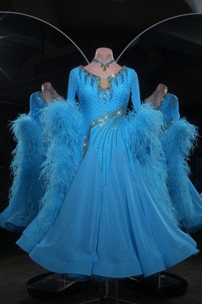 MINEJAS.L538 Abito da Ballo Liscio Azzurro Cielo con Strass Dorati | Abito Lungo Standard a Maniche Lunghe
