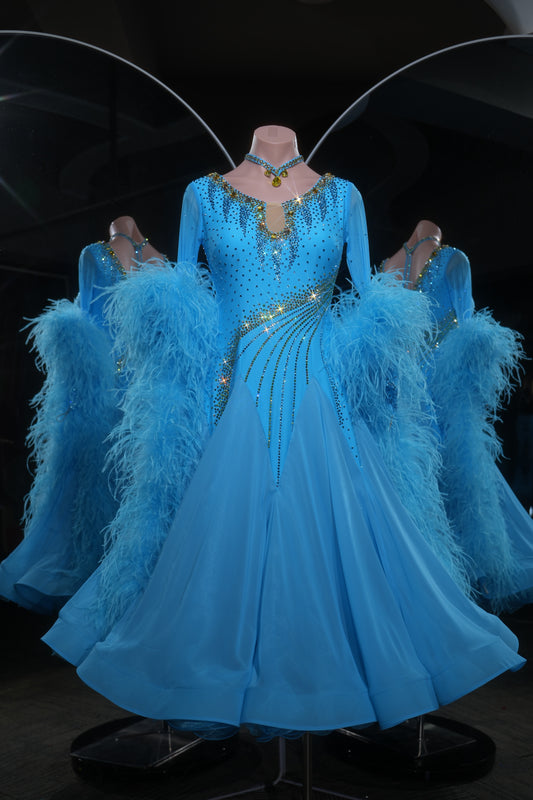 MINEJAS.L538 Sky Blue Feather Ballroom Dance Dress with Gold Rhinestone Accents | Long Sleeve Standard Gown
