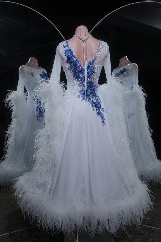MINEJAS.L540 White Ballroom Dance Dress with Blue 3D Floral Appliqués & Feather Trim | Standard Competition Gown