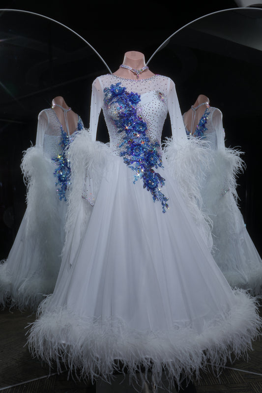 MINEJAS.L540 White Ballroom Dance Dress with Blue 3D Floral Appliqués & Feather Trim | Standard Competition Gown