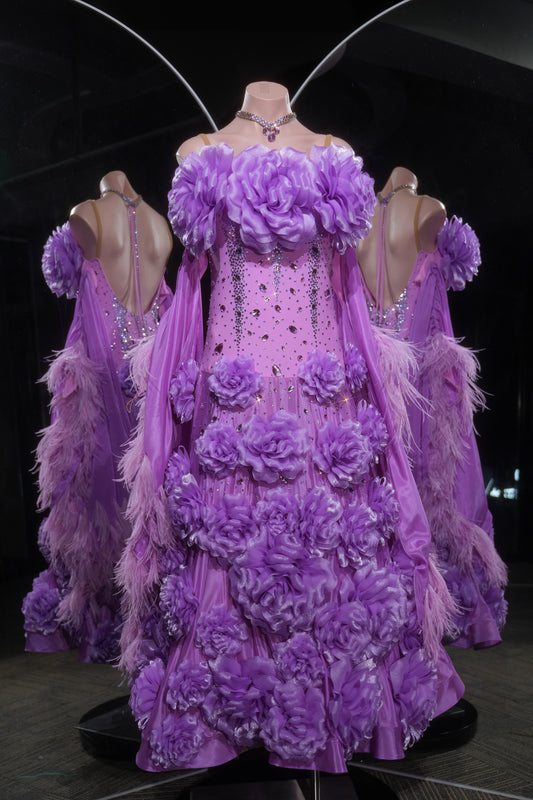 MINEJAS.L541 Lavender Purple Ballroom Dance Dress with Oversized 3D Roses & Feather Sleeves | Open-Back Standard Gown