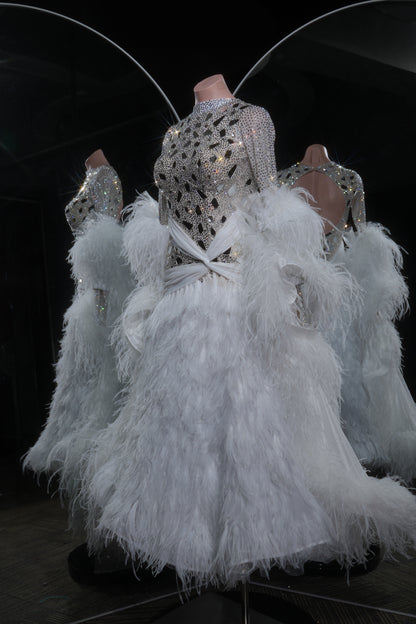 MINEJAS.L542 All-Over Crystal White Ballroom Dance Dress with Feather Skirt & Cuffs | Sheer Mesh Standard Gown